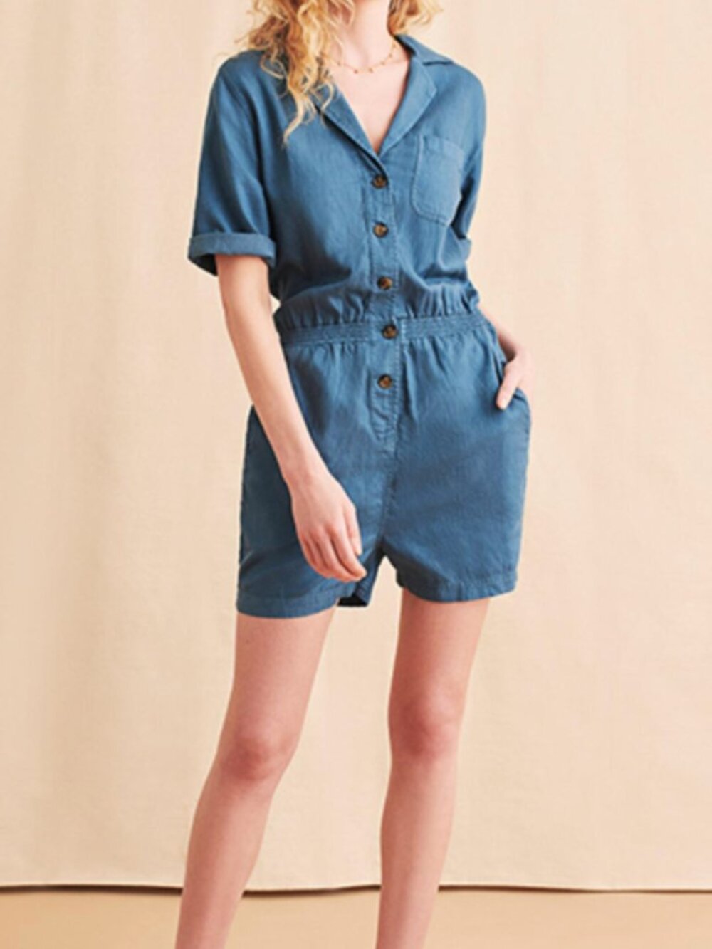 Faherty Arlie Day Romper Stormy Seas Blue Utility Romper Medium